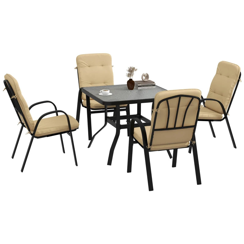 Outsunny 5 Pieces Outdoor Square Garden Dining Set w/ Tempered Glass Dining Table 4 Cushioned Armchairs, Umbrella Hole