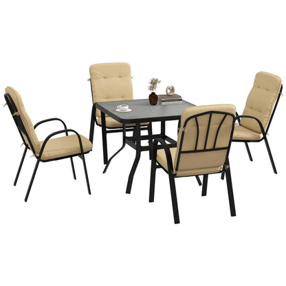 Outsunny 5 Pieces Outdoor Square Garden Dining Set w/ Tempered Glass Dining Table 4 Cushioned Armchairs, Umbrella Hole