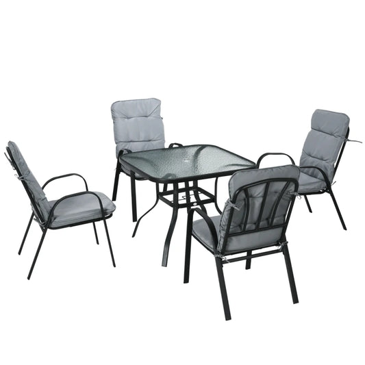 Outsunny 5 Pieces Outdoor Square Garden Dining Set w/ Tempered Glass Dining Table 4 Cushioned Armchairs, Umbrella Hole