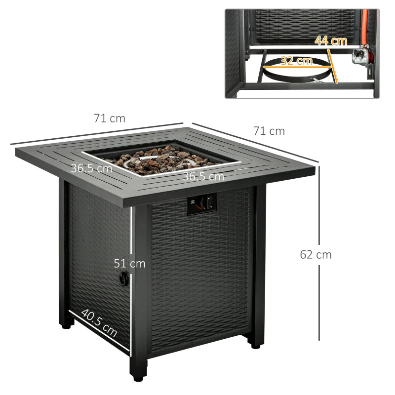 Outsunny Square Propane Gas Fire Pit Table, 40000 BTU Rattan Smokeless Firepit Patio Heater with Protective Cover, Lava Rocks and Lid, 71cm x 71cm x 62cm, Black