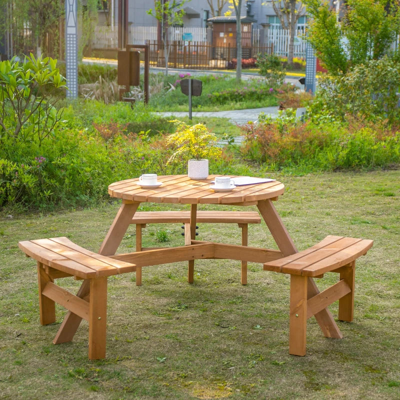 Outsunny 6 Seater Wooden Picnic Table and Bench Set Round Patio Dining Set with 3 Benches and Umbrella Hole Outdoor Garden Park