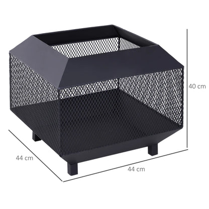 Outsunny Metal Square Fire Pit Outdoor Mesh Firepit Brazier w/ Lid, Log Grate, Poker for Backyard, Camping, Bonfire, Wood Burning Stove, 44 x 44 x 40cm, Black