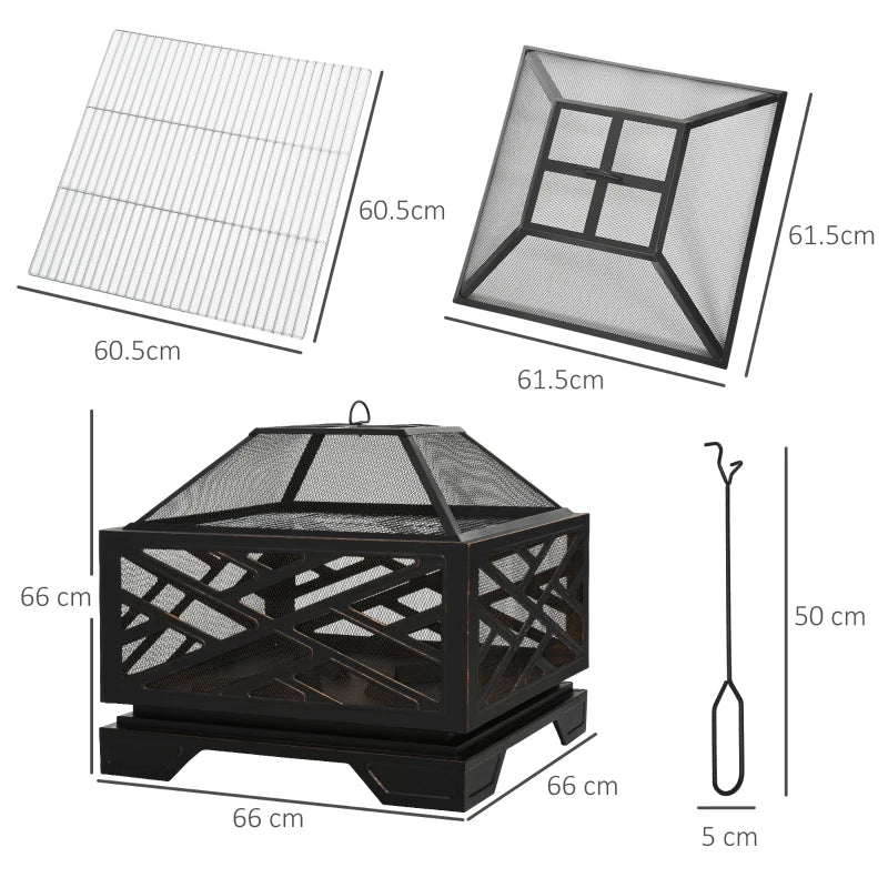 Outsunny Metal Firepit Outdoor 2 in 1 Square Fire Pit Brazier w/ Grill Shelf, Lid, Camping, BBQ, Bonfire, Wood Burning Stove, Black