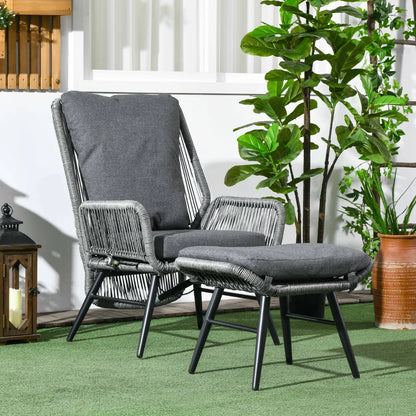 Outsunny String Rattan Armchair and Footstool Set, with Cushions - Grey