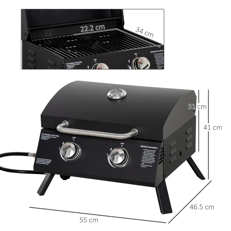 Outsunny 2 Burner Gas BBQ Grill Outdoor Portable Folding Tabletop Barbecue w/ Lid, Thermometer, Carbon Steel, Black