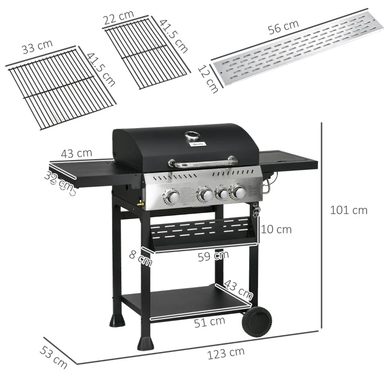 Outsunny Four-Burner Steel Gas Grill, with Thermometer - Black, 123L x 53W x 101Hcm