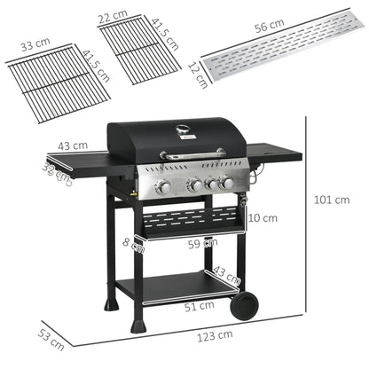 Outsunny Four-Burner Steel Gas Grill, with Thermometer - Black, 123L x 53W x 101Hcm