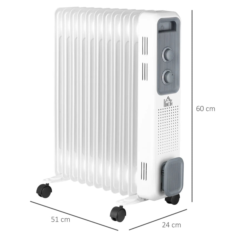 HOMCOM 2500W Oil Filled Radiator, 11 Fin, Portable Electric Heater with 3 Heat Settings, Safety Cut-Off and Wheels, White