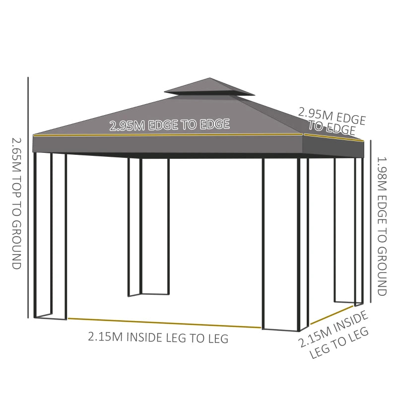 Outsunny 3 x 3 m Garden Gazebo Double Roof Marquee Patio Wedding Party Tent Canopy Shelter with Sidewalls, (Brown)