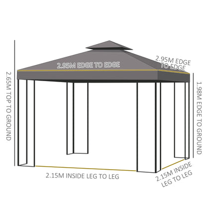 Outsunny 3 x 3 m Garden Gazebo Double Roof Marquee Patio Wedding Party Tent Canopy Shelter with Sidewalls, (Brown)