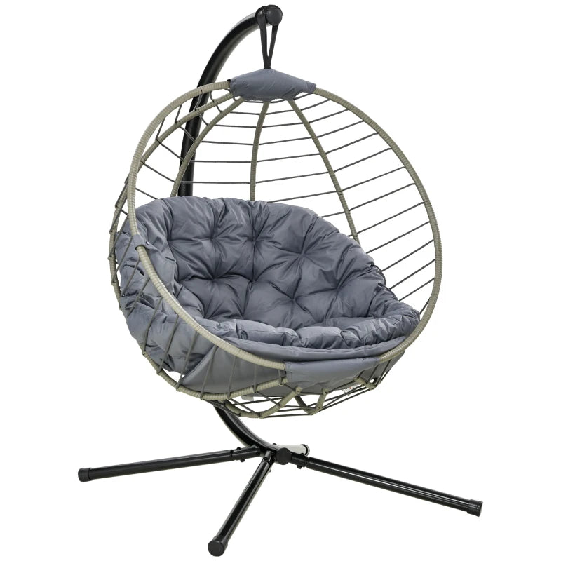 Outsunny PE Rattan Swing Chair, Outdoor Hanging Chair with Metal Stand, Thick Padded Cushion, Foldable Basket and Cup Holder, for Indoor and Outdoor, Grey