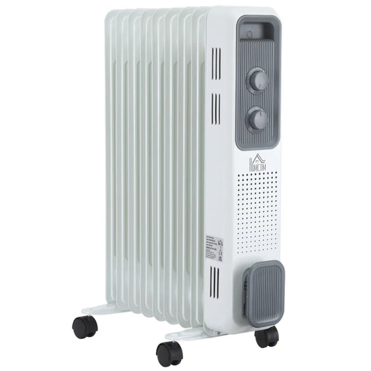 HOMCOM 2180W Oil Filled Radiator, 9 Fin, Portable Electric Heater with 3 Heat Settings, Safety Cut-Off and Wheels, White