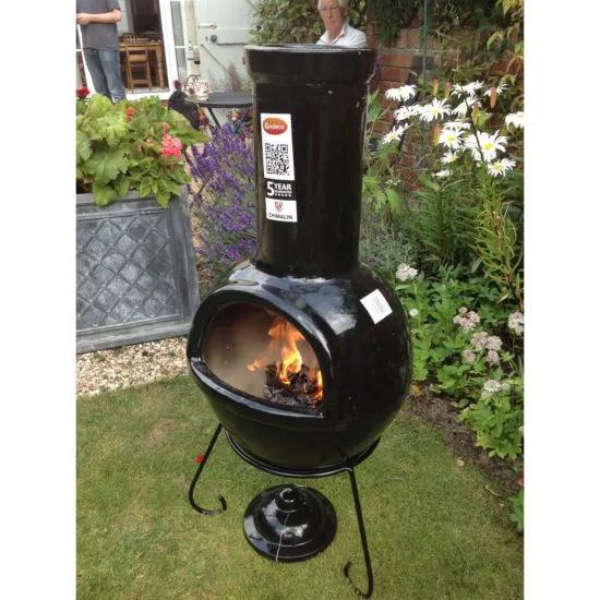 Sempra Large Chimalin AFC Chimenea in Glazed Black with Lid and Stand - D&ROutdoorOasis