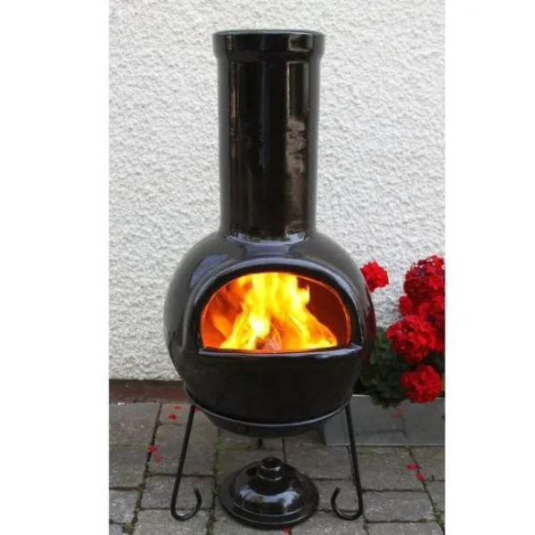 Sempra Large Chimalin AFC Chimenea in Glazed Black with Lid and Stand - D&ROutdoorOasis