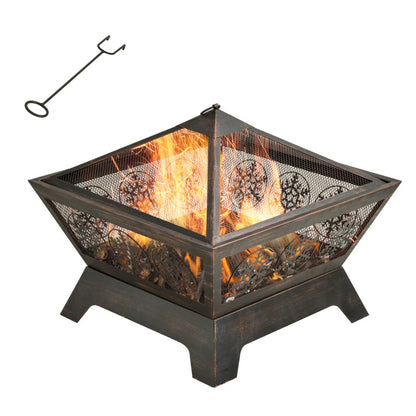 Outsunny Outdoor Fire Pit, Metal Square Firepit Bowl with Spark Screen, Poker for Patio, Camping, 61 x 61 x 52cm, Black