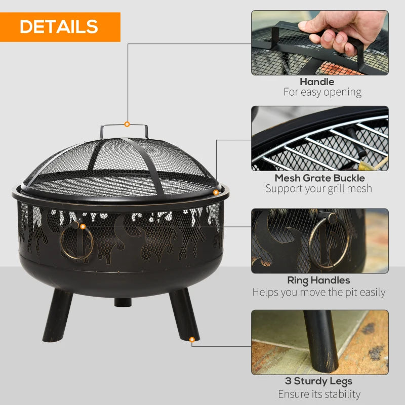 Outsunny Metal Firepit Bowl Outdoor 2-In-1 Round Fire Pit w/ Lid, Grill, Poker, Handles for Garden, Camping, BBQ, Bonfire, Wood Burning Stove, 61.5 x 61.5 x 52cm, Black