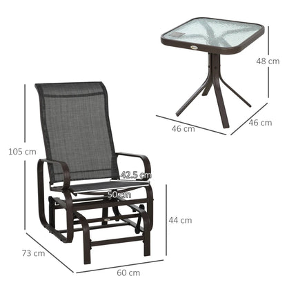 Outsunny 3 Pieces Garden Gliding Chair Set, Metal Frame 2 Single Armchair Swing Seater and 1 Glass Top Coffee Table w/ Breath Mesh Fabric Seat, Brown