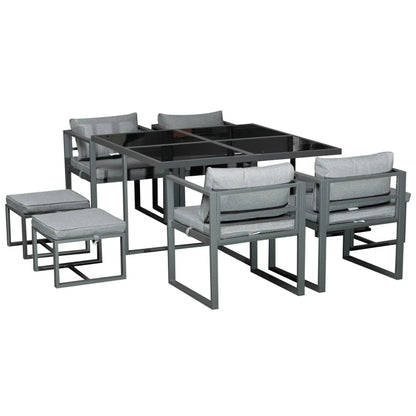 Outsunny 9PCs Patio Aluminium Dining Set, Space Saving Cube Set with 4 Chairs, 4 Ottoman, Cushions, 8 Seater Garden Furniture