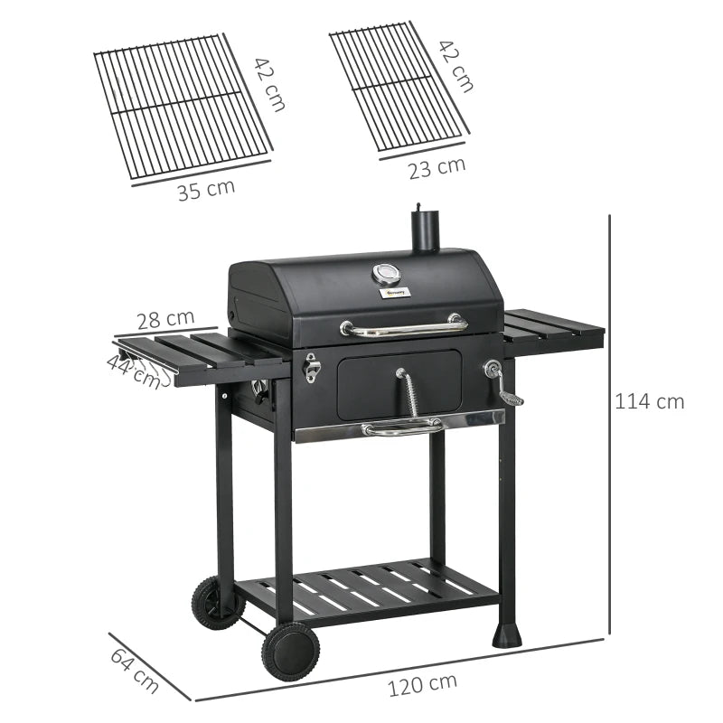 Outsunny Outdoor Portable Charcoal BBQ Wide 120cm, with Pull-out Ash Catcher Side Hooks & Bottle Opener, Side & Bottom Shelves