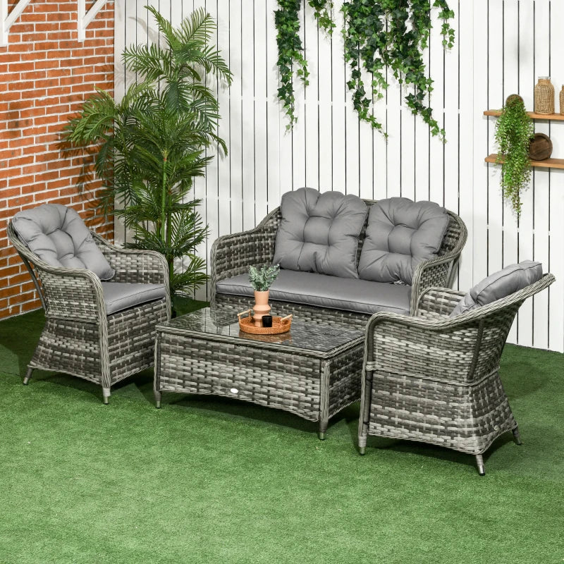 Outsunny 4 Pieces Outdoor PE Rattan Garden Furniture with Cushions, Patio Special Hand Weave Wicker Conservatory Sofa Set with Glass Top Coffee Table, Mixed Grey