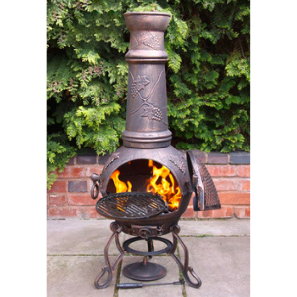 Toledo XL cast iron Chimenea in bronze with grapes - D&ROutdoorOasis