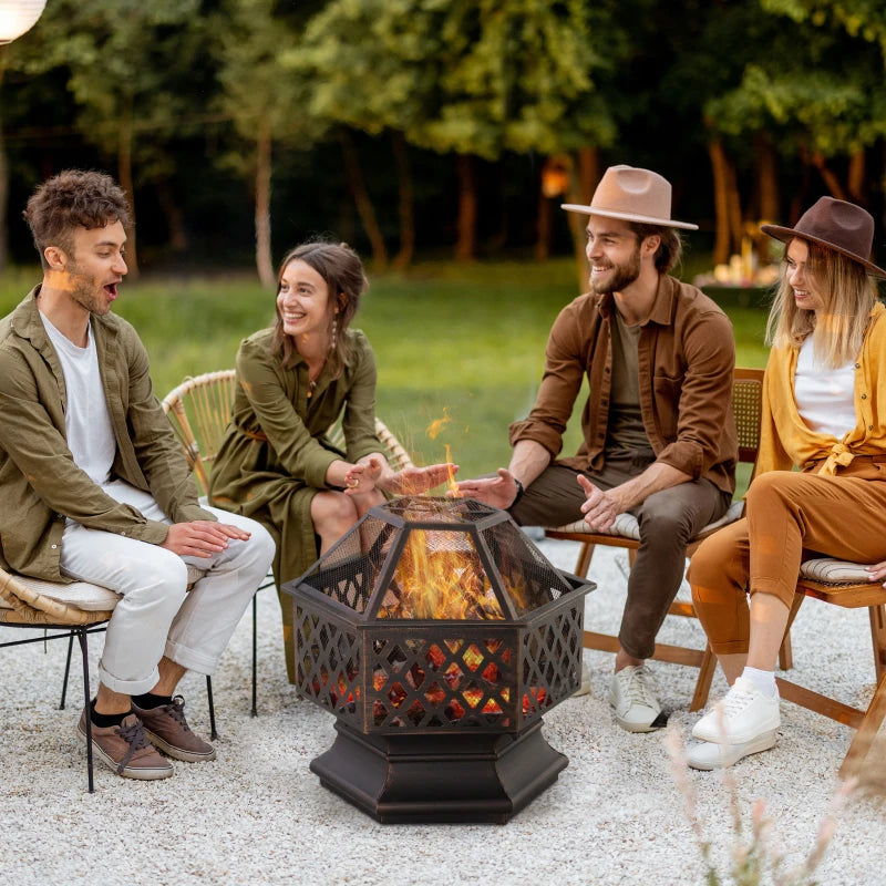 Outsunny Outdoor Fire Pit with Screen Cover, Portable Wood Burning Firebowl with Poker for Patio, Backyard, Bronze