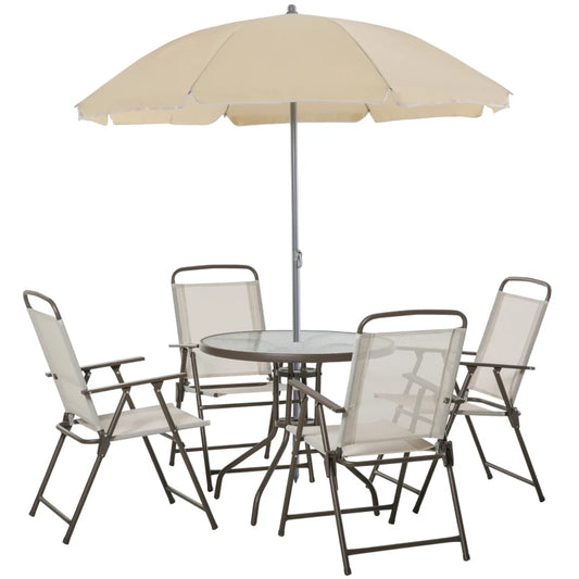 Outsunny Garden Patio Texteline Folding Chairs Plus Table and Parasol Furniture Bistro Set 6 Pieces