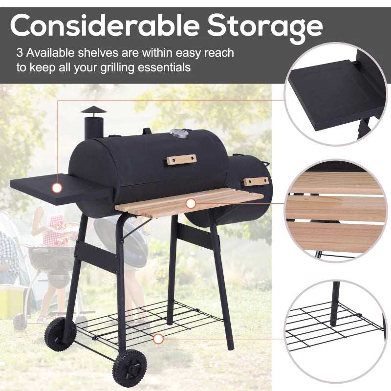 Outsunny Portable Charcoal BBQ Grill, Cold-rolled Steel, Solid Wood, 104H x 124L x53W cm-Black