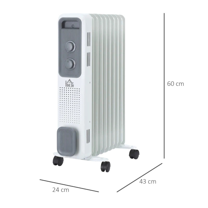 HOMCOM 2180W Oil Filled Radiator, 9 Fin, Portable Electric Heater with 3 Heat Settings, Safety Cut-Off and Wheels, White