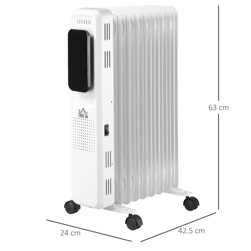 HOMCOM 2000W Oil Filled Radiator, 9 Fin Portable Electric Heater with LED Display, 24H Timer, 3 Heat Settings, Adjustable Thermostat, Safety Cut off, Remote Control, White