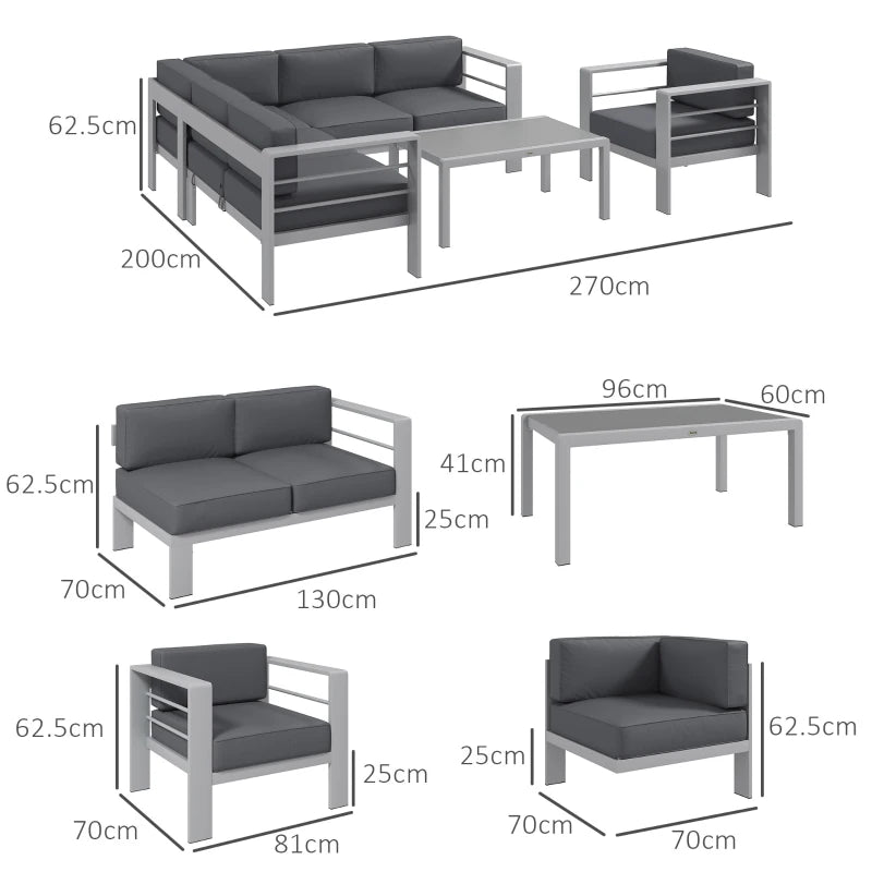 Outsunny Five-Piece Aluminium Garden Sofa Set, with Glass-Top Table