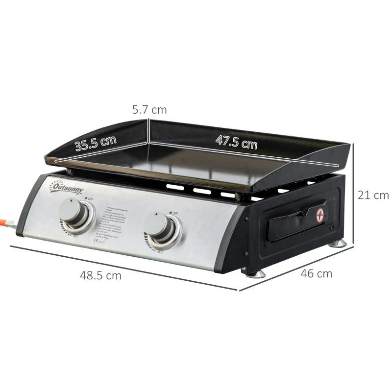 Outsunny Gas Plancha Grill with 2 Stainless Steel Burner, 6kW, Portable Tabletop Gas BBQ with Non-Stick Griddle for Camping Picnic