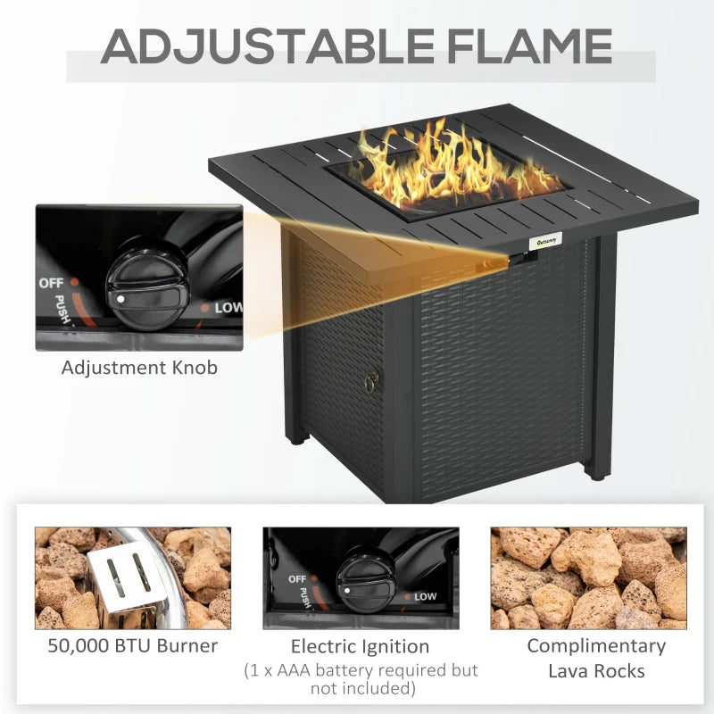 Outsunny Rattan style Propane Gas Fire Pit Table with 40,000 BTU Burner, Square Smokeless Firepit Patio Heater with Thermocouple, Lava Rocks, Wproof Cover, Spark Guard, Lid