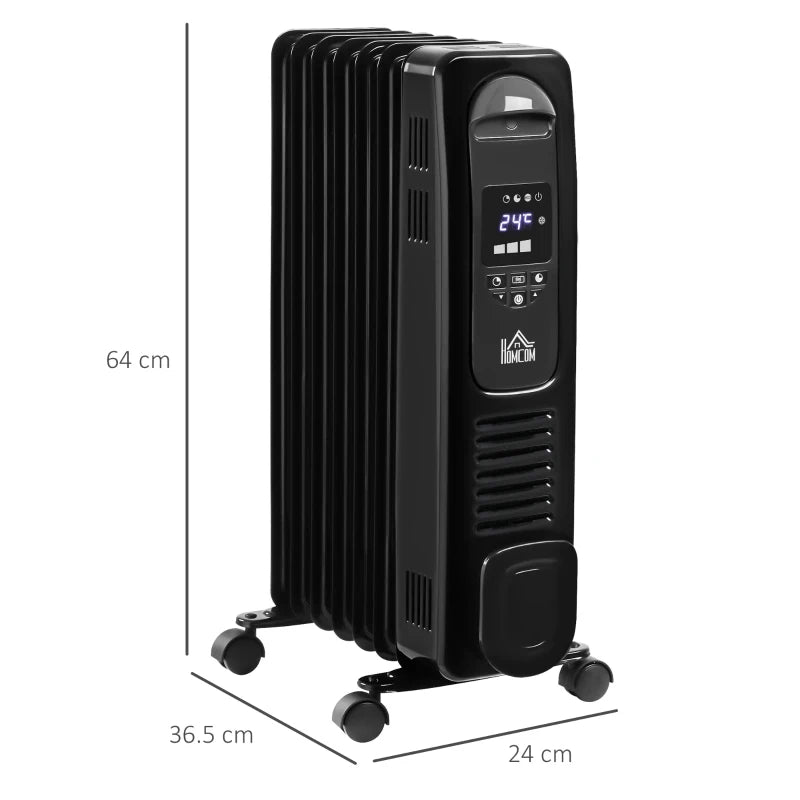 HOMCOM 1500W Digital Oil Filled Radiator, 7 Fin, Portable Electric Heater with LED Display, Built-in Timer, 3 Heat Settings, Safety Cut-Off and Remote Control, Black