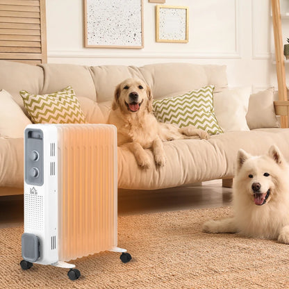 HOMCOM 2500W Oil Filled Radiator, 11 Fin, Portable Electric Heater with 3 Heat Settings, Safety Cut-Off and Wheels, White