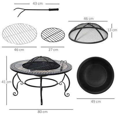 Outsunny 3-in-1 Φ80cm Outdoor Fire Pit, Mosaic Garden Table, BBQ Grill, Patio Heater Firepit Bowl with Spark Screen Cover, Fire Poker for Backyard Bonfire