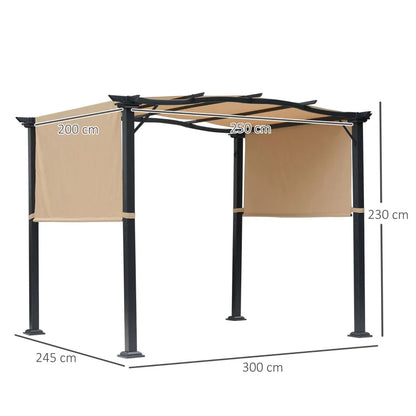 Outsunny Outdoor Retractable Pergola Garden Gazebo with Two Adjustable Side Canopy Overhead Sun Shade Backyard Canopy Cover, Steel Khaki 2.96x2.45x2.3m