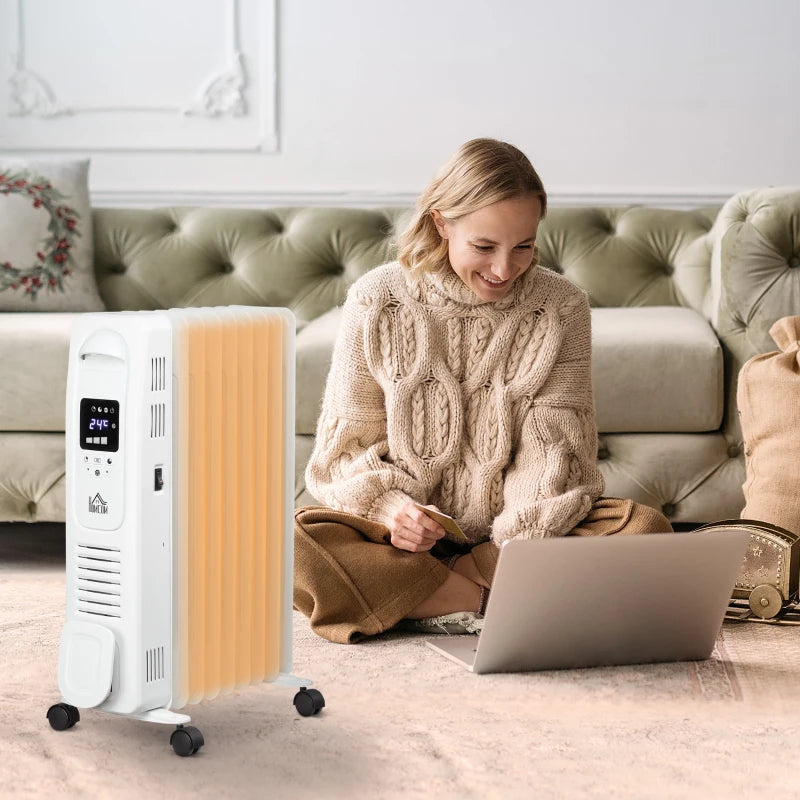 HOMCOM 2000W Digital Oil Filled Radiator, 9 Fin, Portable Electric Heater with LED Display, Timer, 3 Heat Settings, Safety Cut-Off and Remote Control, White