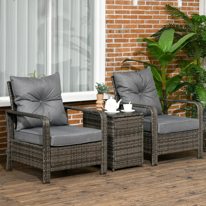 Outsunny 3 pcs PE Rattan Wicker Garden Furniture Patio Bistro Set Weave Conservatory Sofa Storage Table and Chairs Set Grey