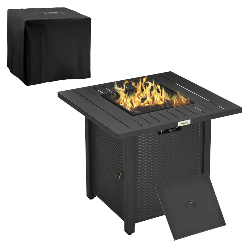 Outsunny Rattan style Propane Gas Fire Pit Table with 40,000 BTU Burner, Square Smokeless Firepit Patio Heater with Thermocouple, Lava Rocks, Wproof Cover, Spark Guard, Lid