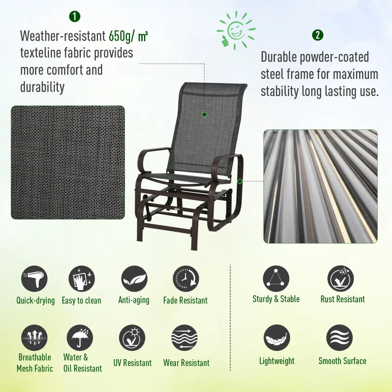 Outsunny 3 Pieces Garden Gliding Chair Set, Metal Frame 2 Single Armchair Swing Seater and 1 Glass Top Coffee Table w/ Breath Mesh Fabric Seat, Brown