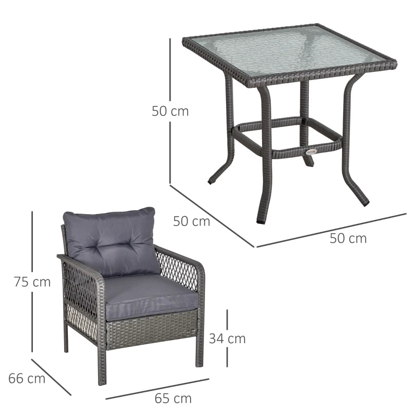 Outsunny 3 Pieces Patio PE Rattan Bistro Set, Outdoor Wicker Coffee Table Armrest Chairs Thick Padded Conversation Furniture w/ Cushion for Garden, Backyard, Porch, Grey