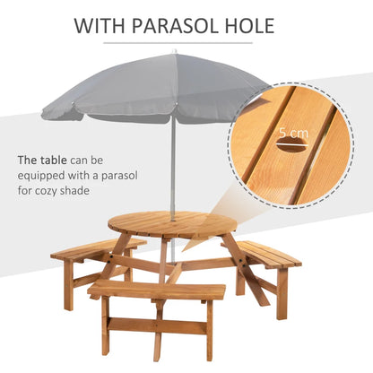 Outsunny 6 Seater Wooden Picnic Table and Bench Set Round Patio Dining Set with 3 Benches and Umbrella Hole Outdoor Garden Park