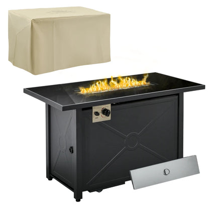 Outsunny Propane Gas Fire Pit Table, 50000BTU Smokeless Firepit Outdoor Patio Heater with Tempered Glass Tabletop, Cover, Glass Beads, Lid, Black