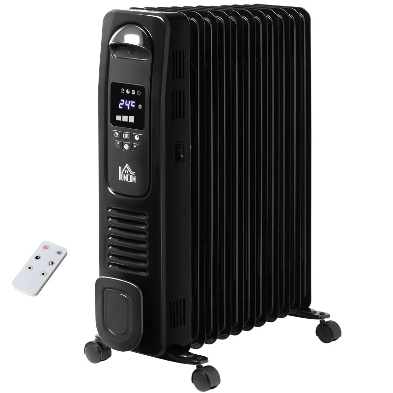 HOMCOM 2500W Digital Display Oil Filled Radiator, 11Fin Portable Electric Heater with Timer, Adjustable Thermostat, Three Heat settings, Safety Cut Off, Remote, Black