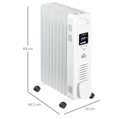 HOMCOM 2000W Digital Oil Filled Radiator, 9 Fin, Portable Electric Heater with LED Display, Timer, 3 Heat Settings, Safety Cut-Off and Remote Control, White