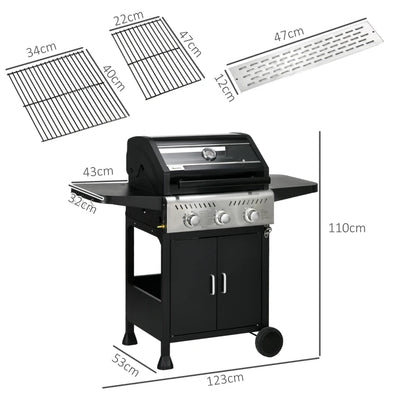 Outsunny 9kW Three-Burner Gas BBQ Grill, with See-Through Lid - Black