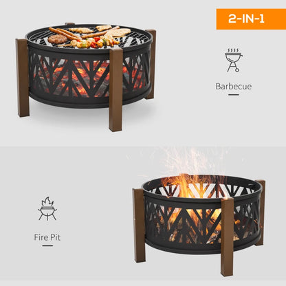 Outsunny Metal Large Firepit Bowl Outdoor 2-In-1 Round Fire Pit Brazier w/ Lid, BBQ Grill, Poker for Backyard, Camping, Bonfire, Wood Burning Stove, 78 x 78 x 60cm, Black