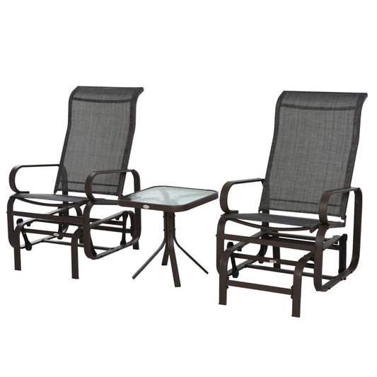 Outsunny 3 Pieces Garden Gliding Chair Set, Metal Frame 2 Single Armchair Swing Seater and 1 Glass Top Coffee Table w/ Breath Mesh Fabric Seat, Brown