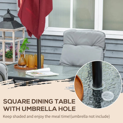 Outsunny 5 Pieces Outdoor Square Garden Dining Set w/ Tempered Glass Dining Table 4 Cushioned Armchairs, Umbrella Hole